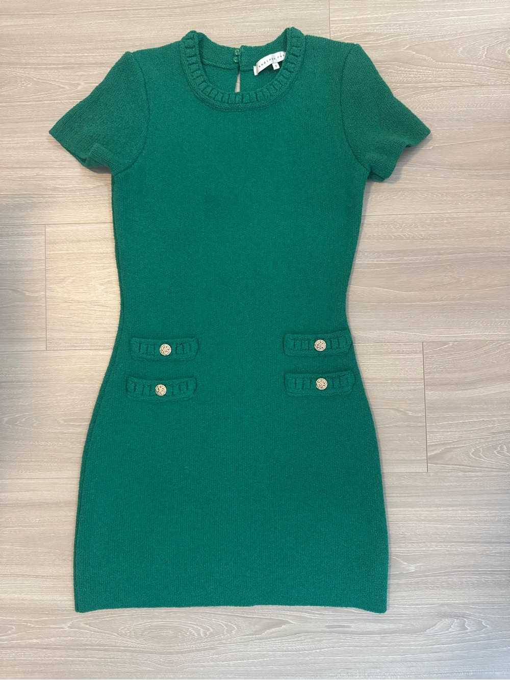 Endless Rose Emerald Green Knit Mini Dress with Gold Button Details (Size S)